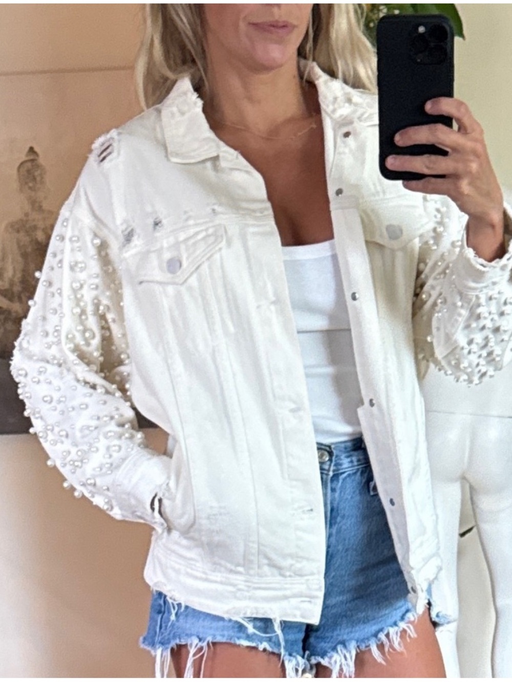 Sunset + Spring Pearl Embellished White Denim Jacket - Medium
